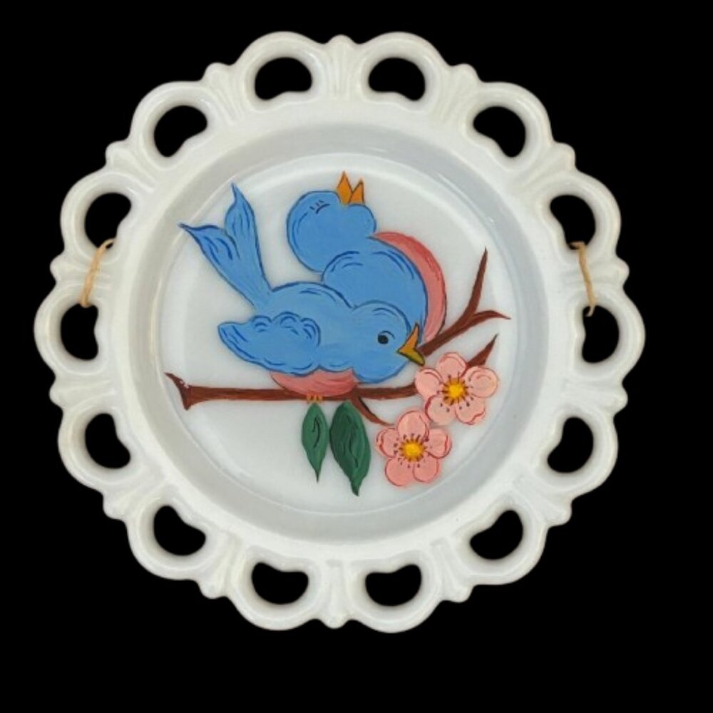 Vintage 1950's "Bluebird of Happiness" Hand Painted Milk Glass Plates Set of 2 - Picture 3 of 8